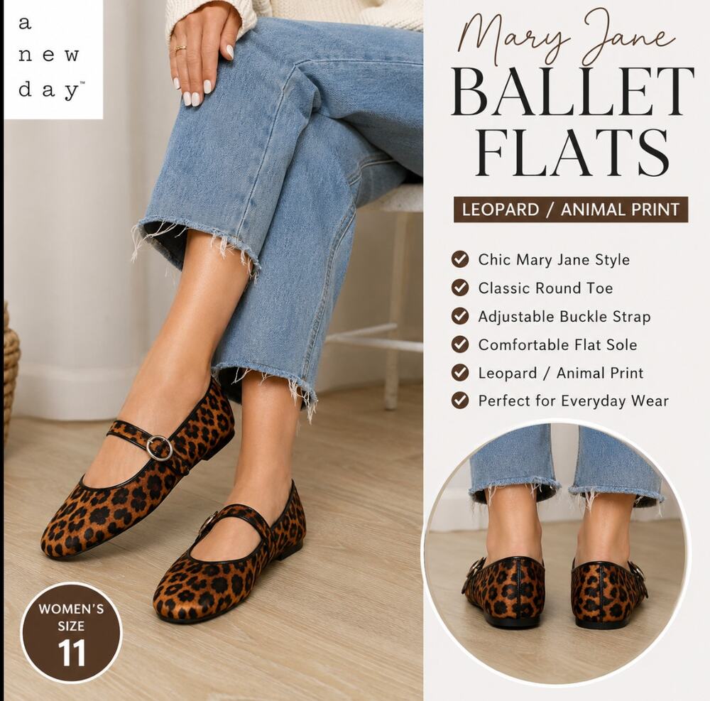 A New Day Tasmin Leopard Mary Jane Ballet Flats Size 11 NWT